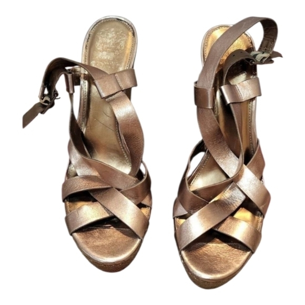 Vince Camuto Bronze Metallic Crisscross Ankle Strap Platform Wedge Heels Size 11
